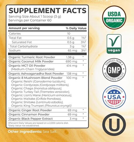 مزيج عضوي من مسحوق الحليب الذهبي - لاتيه الكركم المتكيف مع الزنجبيل وأشواغاندا ومركب الفطر من أجل حيوية الاسترخاء أثناء النوم ودعم المناعة - نباتي غير معدّل وراثيًا وخالي من الحشو (60 حصة) in Kuwait