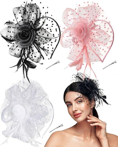 yunsailing 3 pack fascinators قبعات للنساء ، قبعات حفلة الشاي للفتيات زهرة الكوكتيل شبكة الريش مقطع الشعر للحفلة in Saudi Arabia