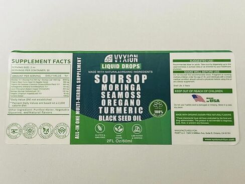 قطرات سائلة نقية من القشطة الشائكة 10 في 1 مع طحالب البحر، المورينغا، الكركم، زيت الحبة السوداء، الأوريجانو، الأشواغاندا | مستخلصات عشبية للصحة العامة | نباتي، غير معدّل وراثيًا | 4 أونصة سائلة in Kuwait