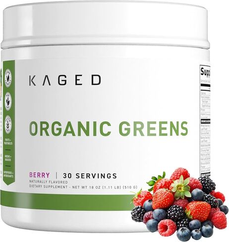 مسحوق الأطعمة الفائقة من الخضروات العضوية من Kaged، Outlive100 Berry، Supergreens، خل التفاح، أشواغاندا، 30 حصة in Kuwait