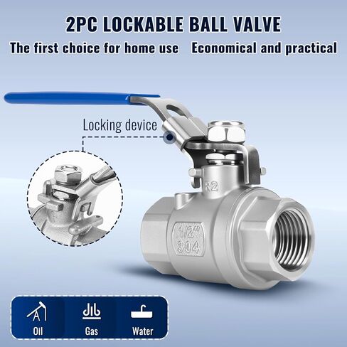 2 Pack 1/2'' Ball Valves NPT Female Stainless Steel 304 Full Port 1/2 Inch Ball Valve with Locking Handle, Heavy Duty Shut Off Valve for Home and Industrial(1/2 Inch) in Saudi Arabia