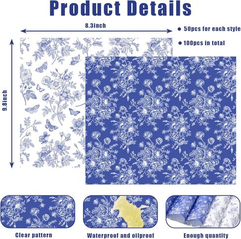100Pcs Floral Wax Paper Blue White Chinoiserie Flower Butterfly Sandwich Wrapping Paper Vintage Deli Wrap Tissue Waterproof Oil-Proof Picnic Liner for Party Kitchen Supplies, 9.8 x 8.3 Inch in Saudi Arabia