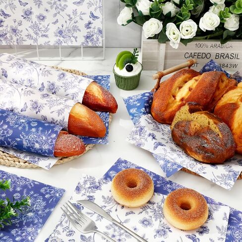 100Pcs Floral Wax Paper Blue White Chinoiserie Flower Butterfly Sandwich Wrapping Paper Vintage Deli Wrap Tissue Waterproof Oil-Proof Picnic Liner for Party Kitchen Supplies, 9.8 x 8.3 Inch in Saudi Arabia