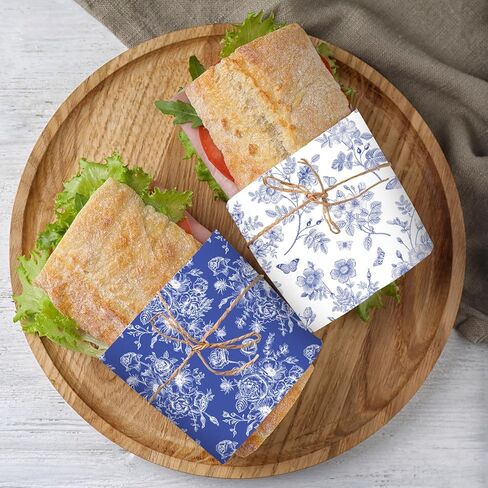 100Pcs Floral Wax Paper Blue White Chinoiserie Flower Butterfly Sandwich Wrapping Paper Vintage Deli Wrap Tissue Waterproof Oil-Proof Picnic Liner for Party Kitchen Supplies, 9.8 x 8.3 Inch in Saudi Arabia