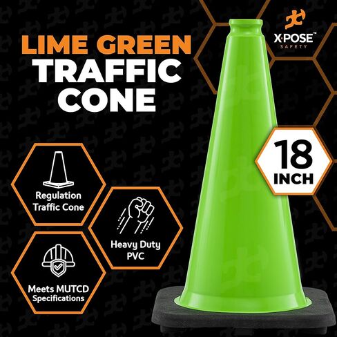 مخروط مرور أخضر ليموني مقاس 18 بوصة من Xpose - عبوة من 12 - مخروط أمان PVC ممتاز لمواقف السيارات والحذر والبناء وأطقم الطرق ومركبات الطوارئ - معتمد من وزارة النقل in Kuwait