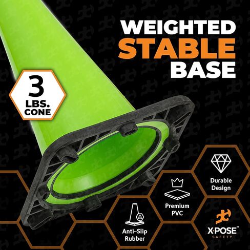 مخروط مرور أخضر ليموني مقاس 18 بوصة من Xpose - عبوة من 12 - مخروط أمان PVC ممتاز لمواقف السيارات والحذر والبناء وأطقم الطرق ومركبات الطوارئ - معتمد من وزارة النقل in Kuwait