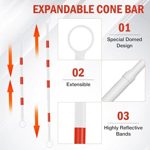 6 Pcs Retractable Traffic Cone Bar, Lightweight Cone Bars, Length from 4ft to 7.2ft, Road Cone Connecting Rod, White and Red, Perfect as Traffic Road in Kuwait