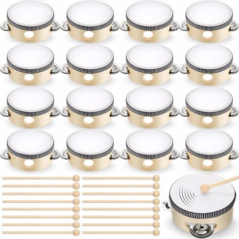 32 قطعة من الدف مقاس 10.16 سم مع أعواد الطبل، طبلة خشبية محمولة باليد مع جلجل معدني، آلة موسيقية قرعية لحفلات الزفاف في الكنيسة، هدية موسيقية تعليمية للحفلات in Kuwait