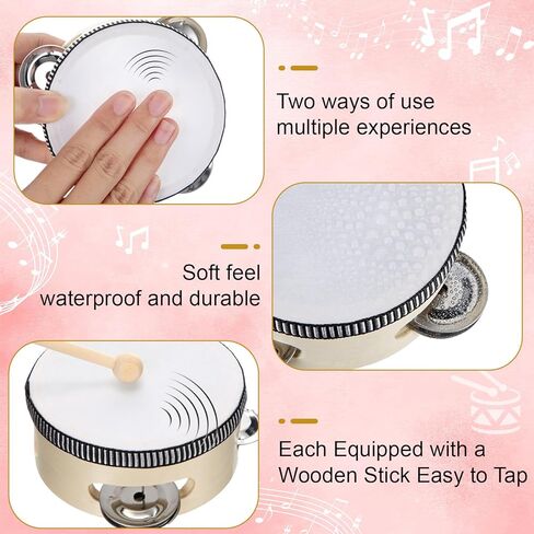 32 قطعة من الدف مقاس 10.16 سم مع أعواد الطبل، طبلة خشبية محمولة باليد مع جلجل معدني، آلة موسيقية قرعية لحفلات الزفاف في الكنيسة، هدية موسيقية تعليمية للحفلات in Kuwait