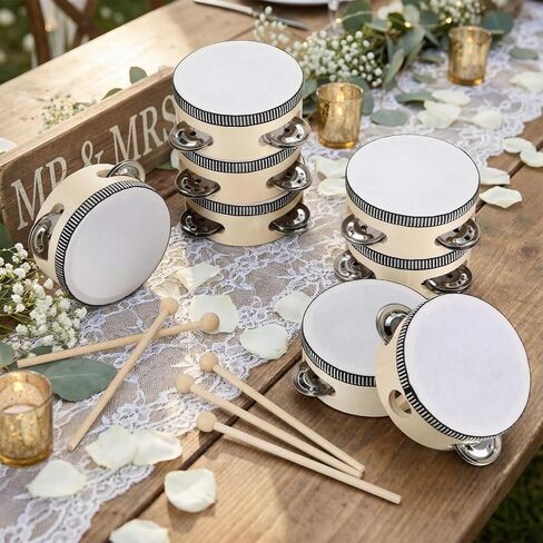 32 قطعة من الدف مقاس 10.16 سم مع أعواد الطبل، طبلة خشبية محمولة باليد مع جلجل معدني، آلة موسيقية قرعية لحفلات الزفاف في الكنيسة، هدية موسيقية تعليمية للحفلات in Kuwait