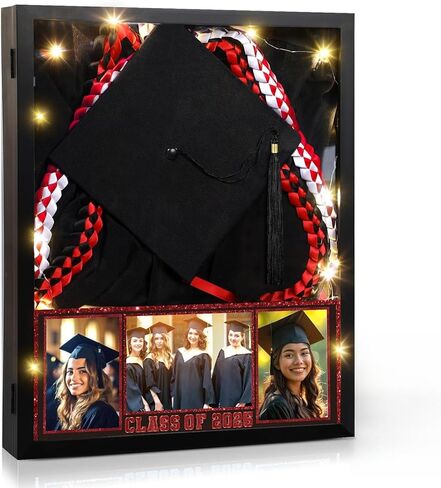 Graduation Shadow Box 17" x 21" Large Graduation Picture Frame Class of 2025 Shadow Box with Window String Light Card Picture Display Case with Layered Design for Keepsake Memory Cap Gown in Saudi Arabia