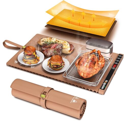 Heapsion Food Warming Mat, Electric Plate with 6 Level Temp 5 Hour Timer, 24x15'' Roll-Up Portable Warming Tray for Dinner Parties, Gatherings, and Holidays (Beige) in Saudi Arabia