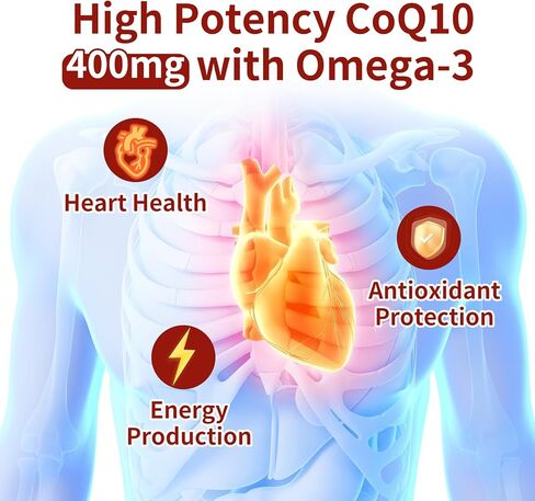 CoQ10 400 مجم مع أحماض أوميجا 3 الدهنية، 300 كبسولة هلامية | شكل مستقر عالي الامتصاص - دعم مضاد للأكسدة لصحة القلب والطاقة - مكمل الإنزيم المساعد Q10 ذو القوة الإضافية in Kuwait