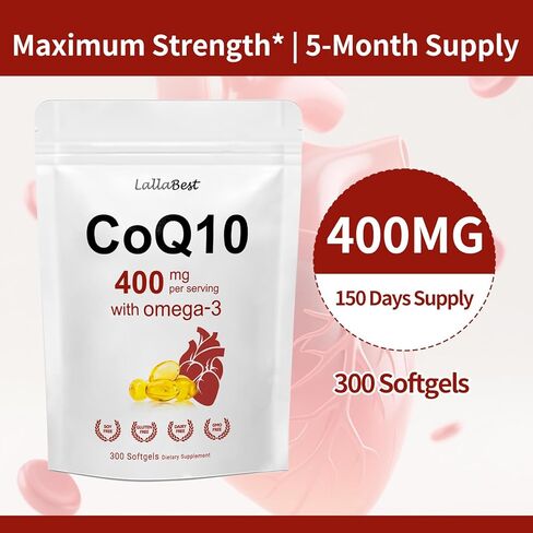 CoQ10 400 مجم مع أحماض أوميجا 3 الدهنية، 300 كبسولة هلامية | شكل مستقر عالي الامتصاص - دعم مضاد للأكسدة لصحة القلب والطاقة - مكمل الإنزيم المساعد Q10 ذو القوة الإضافية in Kuwait