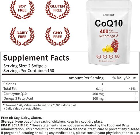 CoQ10 400 مجم مع أحماض أوميجا 3 الدهنية، 300 كبسولة هلامية | شكل مستقر عالي الامتصاص - دعم مضاد للأكسدة لصحة القلب والطاقة - مكمل الإنزيم المساعد Q10 ذو القوة الإضافية in Kuwait