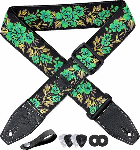 YIKOKO Guitar Strap 2", Cotton Guitar Straps with Full Grain Leather End, for Bass, Electric and Acoustic Guitars in Kuwait