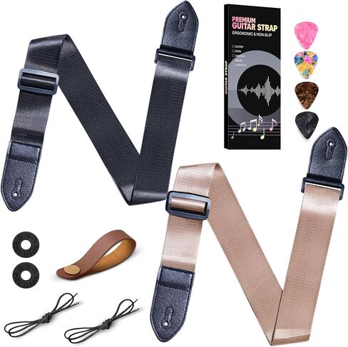 حزام جيتار AARVI مكون من قطعتين - حزام سميك قابل للتعديل باللونين الأسود والبني مع إبزيم جلدي للصوت/الكهرباء/الجهير in Kuwait