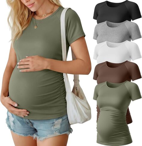 Ficerd 5 Pack Women's Maternity Shirts Short Sleeve Side Ruched Pregnancy Tops Raglan Cotton Tee Tunic Casual Mama Clothes in Saudi Arabia