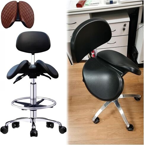 Saddle Chair Office Stool with Backrest Footrest, Leather Saddle Swivel Chair Improve Posture, Standing Work Desk Stool for Clinic Tattoo in Saudi Arabia