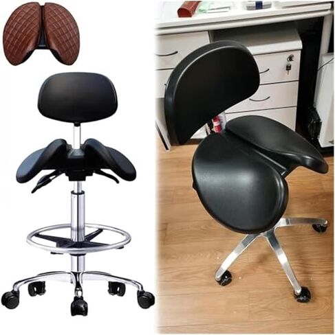 Saddle Chair Office Stool with Backrest Footrest, Leather Saddle Swivel Chair Improve Posture, Standing Work Desk Stool for Clinic Tattoo in Saudi Arabia
