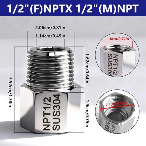 304 Stainless Steel Forged Reducer Adapter 1/2" NPT Female x 1/2" NPT Male Pipe Fitting Water Pipe Adapter 2 Pack in Saudi Arabia