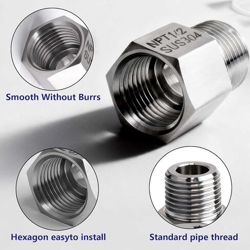 304 Stainless Steel Forged Reducer Adapter 1/2" NPT Female x 1/2" NPT Male Pipe Fitting Water Pipe Adapter 2 Pack in Saudi Arabia