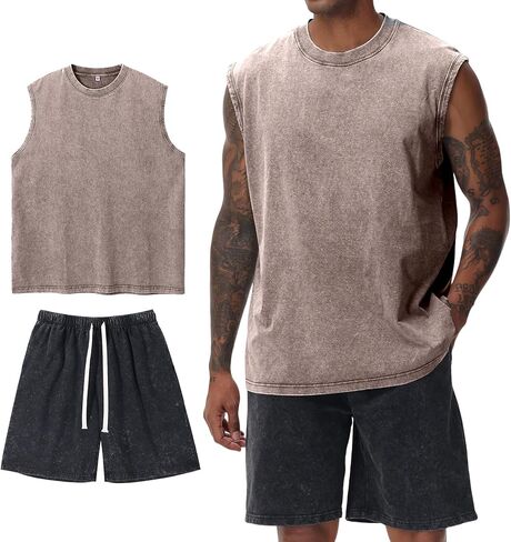 Arssm Mens 2 Piece Outfits Acid Wash Sleeveless Shirts and Shorts Summer Cotton Gym Tracksuits in Saudi Arabia