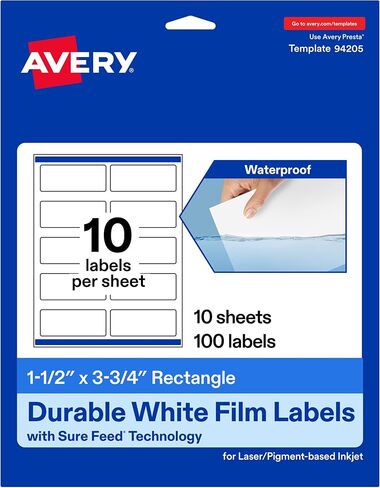 Avery Durable Waterproof Rectangle Labels with Sure Feed, 1.5" x 3.75", 100 Oil and Tear-Resistant Waterproof Labels, Print-to-The-Edge, Laser/Pigment-Based Inkjet Printable Labels in Kuwait