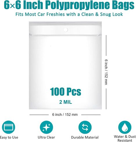 MUBYOK 6" x 6" Ultra Clear Plastic Reclosable Zip Bags for Car Freshie-Polypropylene Bags with Hang Hole for Display-2 mil Thick with Resealable Lock Seal Zipper(Pack of 100) in Kuwait