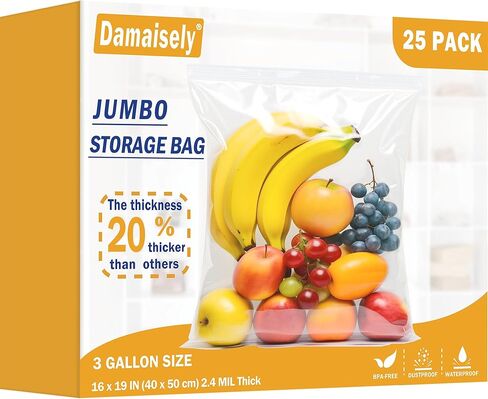 Heavy Duty Storage Bags with Zipper Top, Extra Large 3 Gallon 16" x 18" Plastic Bag, Jumbo Freezer Bags for Food, Clothes, Travel, Moving, 2.4-mil Thick, Pack of 25 in Kuwait