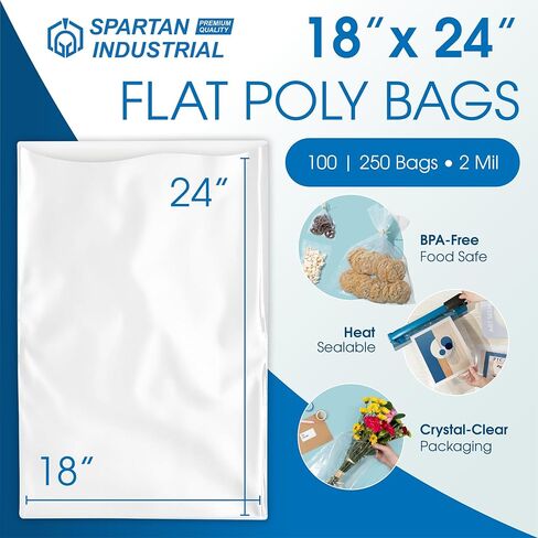 18" X 24" Open-End Flat Poly Bags (100 Count) No Adhesive Strip - 2 Mil Clear Plastic Bags for Packaging, Shipping, Storage - Spartan Industrial in Kuwait