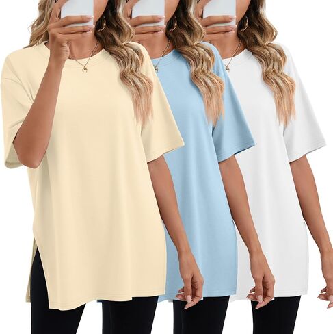 Huukeay 3 Pack Women's Oversized Gym T Shirts Short Sleeve Side Split Crewneck Tops Casual Workout Baggy Basic Tee in Kuwait