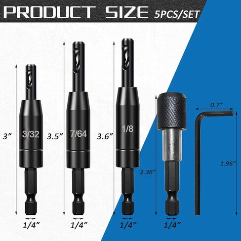 مجموعة لقم الثقب ذاتية التمركز، 3 قطع 3/32 بوصة 7/64 بوصة 1/8 بوصة لقم الثقب ذاتي المركز HSS بت، 1/4 بوصة مثقاب سداسية الساق مع قطعة واحدة حامل لقم التغيير السريع للمفصلات وتركيب الباب in Kuwait