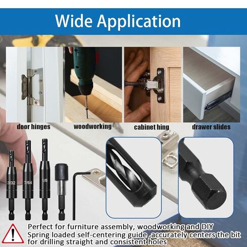مجموعة لقم الثقب ذاتية التمركز، 3 قطع 3/32 بوصة 7/64 بوصة 1/8 بوصة لقم الثقب ذاتي المركز HSS بت، 1/4 بوصة مثقاب سداسية الساق مع قطعة واحدة حامل لقم التغيير السريع للمفصلات وتركيب الباب in Kuwait