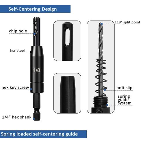 مجموعة لقم الثقب ذاتية التمركز، 3 قطع 3/32 بوصة 7/64 بوصة 1/8 بوصة لقم الثقب ذاتي المركز HSS بت، 1/4 بوصة مثقاب سداسية الساق مع قطعة واحدة حامل لقم التغيير السريع للمفصلات وتركيب الباب in Kuwait