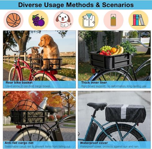 Bike Basket Rear - Large Capacity Heavy Duty Bicycle Basket with Liner,Cargo Net,Waterproof Cover - Ebike Accessories for Adult Bikes,Electric Bike,Carrying Grocery,Ball,Dog in Kuwait