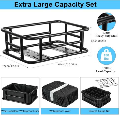 Bike Basket Rear - Large Capacity Heavy Duty Bicycle Basket with Liner,Cargo Net,Waterproof Cover - Ebike Accessories for Adult Bikes,Electric Bike,Carrying Grocery,Ball,Dog in Kuwait