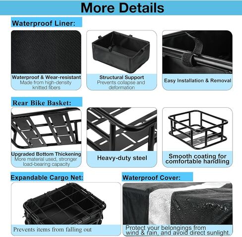 Bike Basket Rear - Large Capacity Heavy Duty Bicycle Basket with Liner,Cargo Net,Waterproof Cover - Ebike Accessories for Adult Bikes,Electric Bike,Carrying Grocery,Ball,Dog in Kuwait