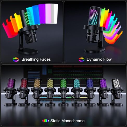 tenlamp RGB USB Condenser Microphone for Gaming Streaming Podcast - Cardioid with Touch Mute & Noise Reduction, Dynamic RGB Lights, Gain Knob, Headphone Monitoring, Plug and Play for PC Mac Phone in Kuwait