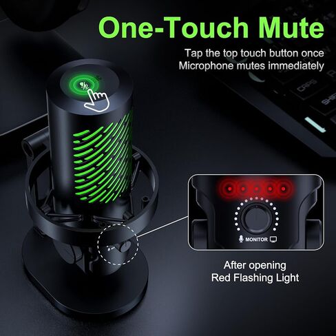 tenlamp RGB USB Condenser Microphone for Gaming Streaming Podcast - Cardioid with Touch Mute & Noise Reduction, Dynamic RGB Lights, Gain Knob, Headphone Monitoring, Plug and Play for PC Mac Phone in Kuwait