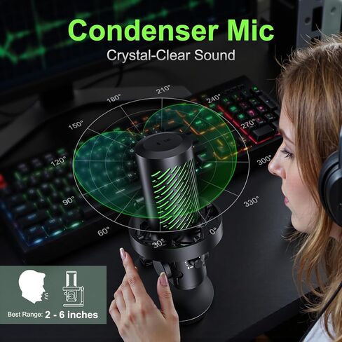 tenlamp RGB USB Condenser Microphone for Gaming Streaming Podcast - Cardioid with Touch Mute & Noise Reduction, Dynamic RGB Lights, Gain Knob, Headphone Monitoring, Plug and Play for PC Mac Phone in Kuwait