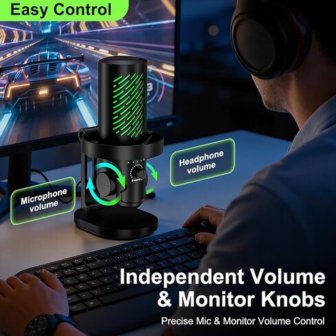 tenlamp RGB USB Condenser Microphone for Gaming Streaming Podcast - Cardioid with Touch Mute & Noise Reduction, Dynamic RGB Lights, Gain Knob, Headphone Monitoring, Plug and Play for PC Mac Phone in Kuwait