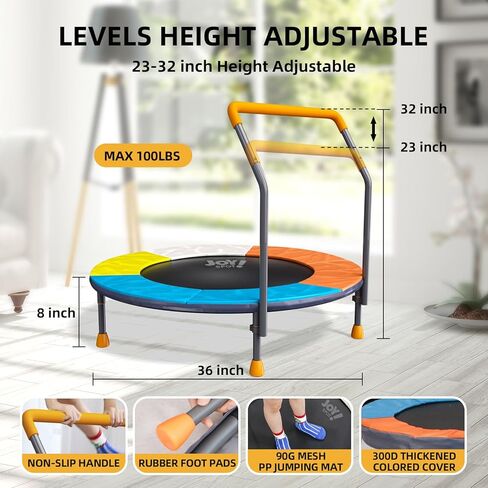 36" Foldable Kids Trampoline with Adjustable Handle Bar, 3FT Mini Todder Trampoline,Spring-Free Jumping Mat,Indoor/Outdoor Anti-Slip Rubber Feet,Max Load 100LBS,Safety Bounce Trainer Birthday Ages 3-6 in Kuwait