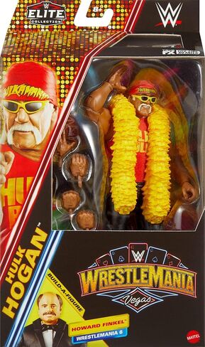 مجموعة شخصيات وإكسسوارات مجموعة WWE Elite من Mattel، مجموعة Hulk Hogan Premium للحدث المباشر، Wrestlemania مع أجزاء Howard Finkel Build-A-Figer in Saudi Arabia