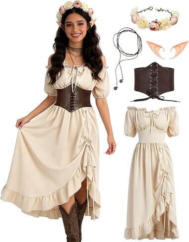 زي عصر النهضة نساء رن فيرز الزي المنزلية الأساسية في العصور الوسطى ، فستان أحمر أخضر مع إكسسوارات 5pcs in Kuwait