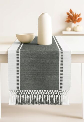PurpleEssences Table Runner - Wide with Dobby Stripe, Heavy Ribbed Weave & Double Knot Fringes, 14x72 Inch (14x77.5 with Fringes) for Summer Boho Farmhouse Decor - Orange and H.White in Kuwait