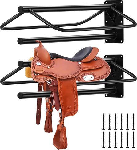 4 قطع من رف السرج المثبت على الحائط، حامل سرج فولاذي عالي التحمل مع أذرع مبطنة مزدوجة للسروج الإنجليزية والغربية، مساحة تخزين لبطانيات الخيول، اللجام، الحظيرة، المماطلة - أسود in Kuwait