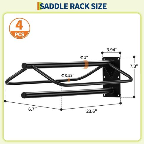 4 قطع من رف السرج المثبت على الحائط، حامل سرج فولاذي عالي التحمل مع أذرع مبطنة مزدوجة للسروج الإنجليزية والغربية، مساحة تخزين لبطانيات الخيول، اللجام، الحظيرة، المماطلة - أسود in Kuwait
