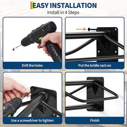 4 قطع من رف السرج المثبت على الحائط، حامل سرج فولاذي عالي التحمل مع أذرع مبطنة مزدوجة للسروج الإنجليزية والغربية، مساحة تخزين لبطانيات الخيول، اللجام، الحظيرة، المماطلة - أسود in Kuwait