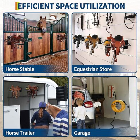 4 قطع من رف السرج المثبت على الحائط، حامل سرج فولاذي عالي التحمل مع أذرع مبطنة مزدوجة للسروج الإنجليزية والغربية، مساحة تخزين لبطانيات الخيول، اللجام، الحظيرة، المماطلة - أسود in Kuwait